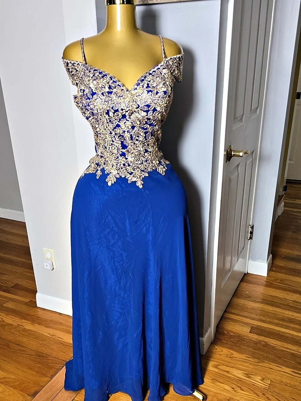 Blue & Gold Floral Embellished Prom Dress Like New